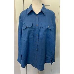 RALPH LAUREN Womens Linen Button TOP Long Tab Sleeve BLUE Size 1X